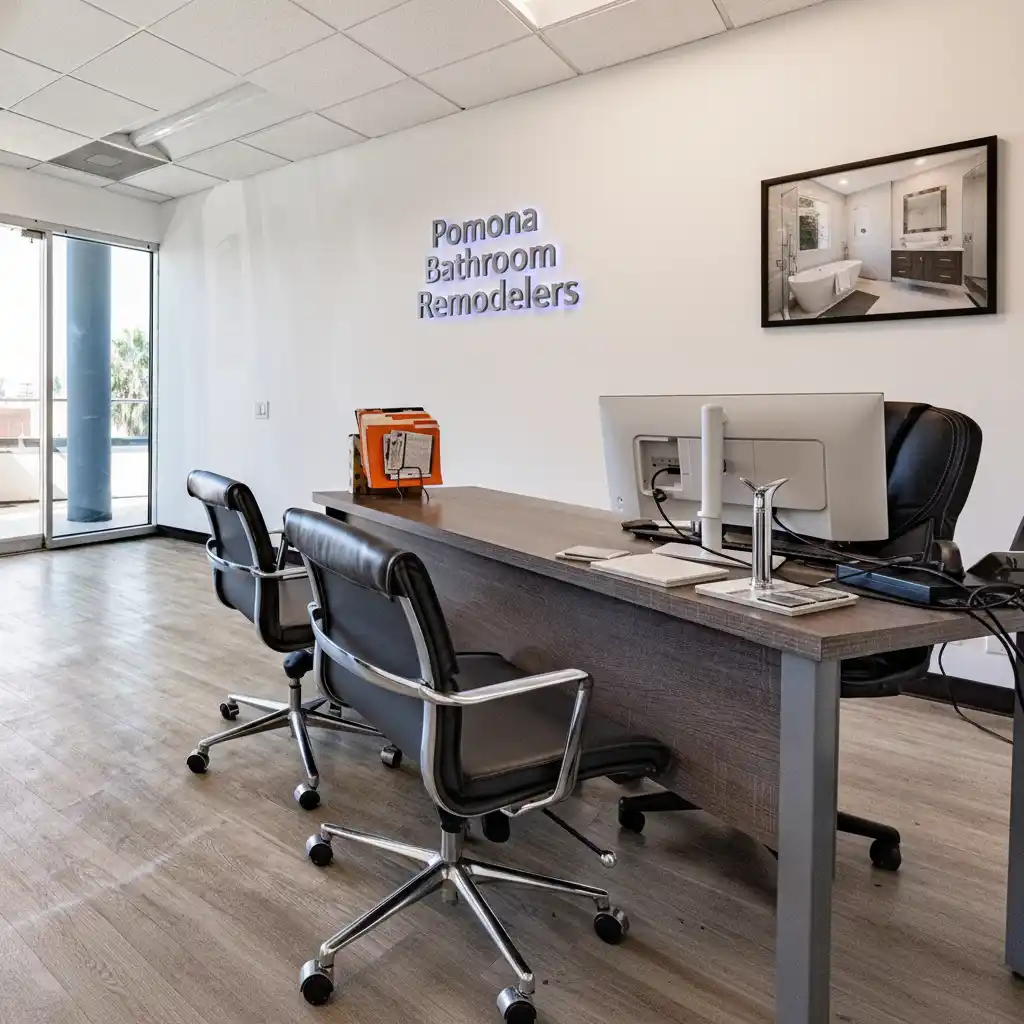 Pomona Bathroom Remodelers office interior with company logo and name on wall